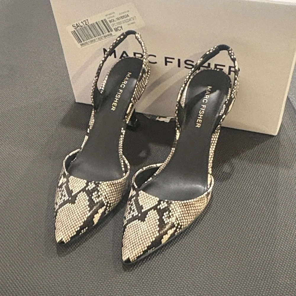 Marc Fisher Black and Cream Snakeskin Heels